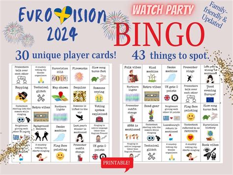 Eurovision 2024 Bingo, Watch Party Bingo, Eurovision Final Game.